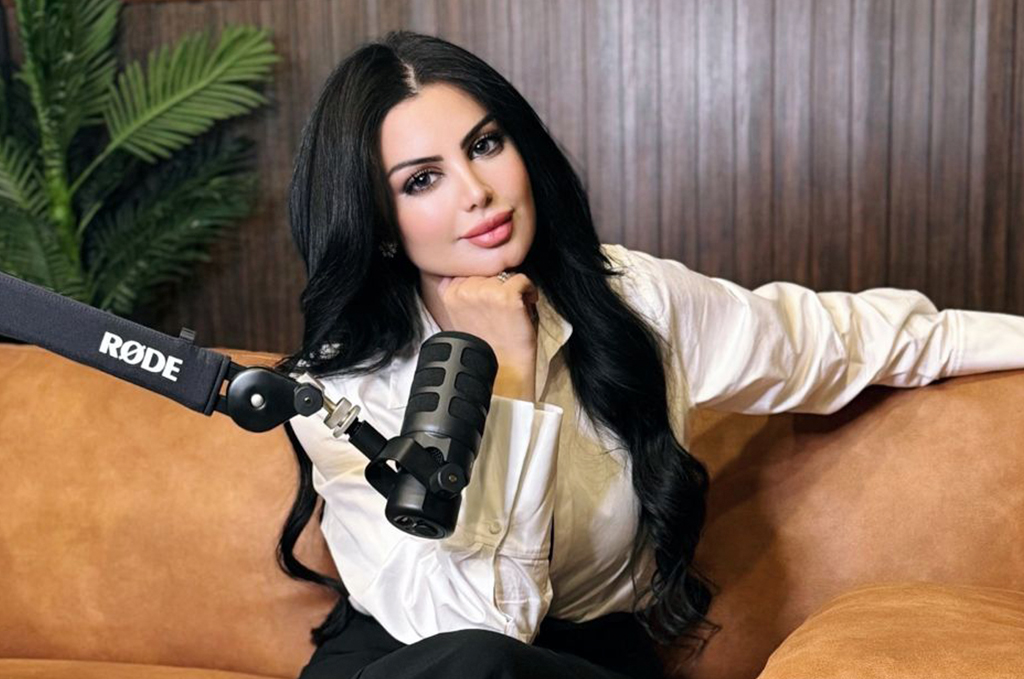 Layal recording the Rich Mind podcast